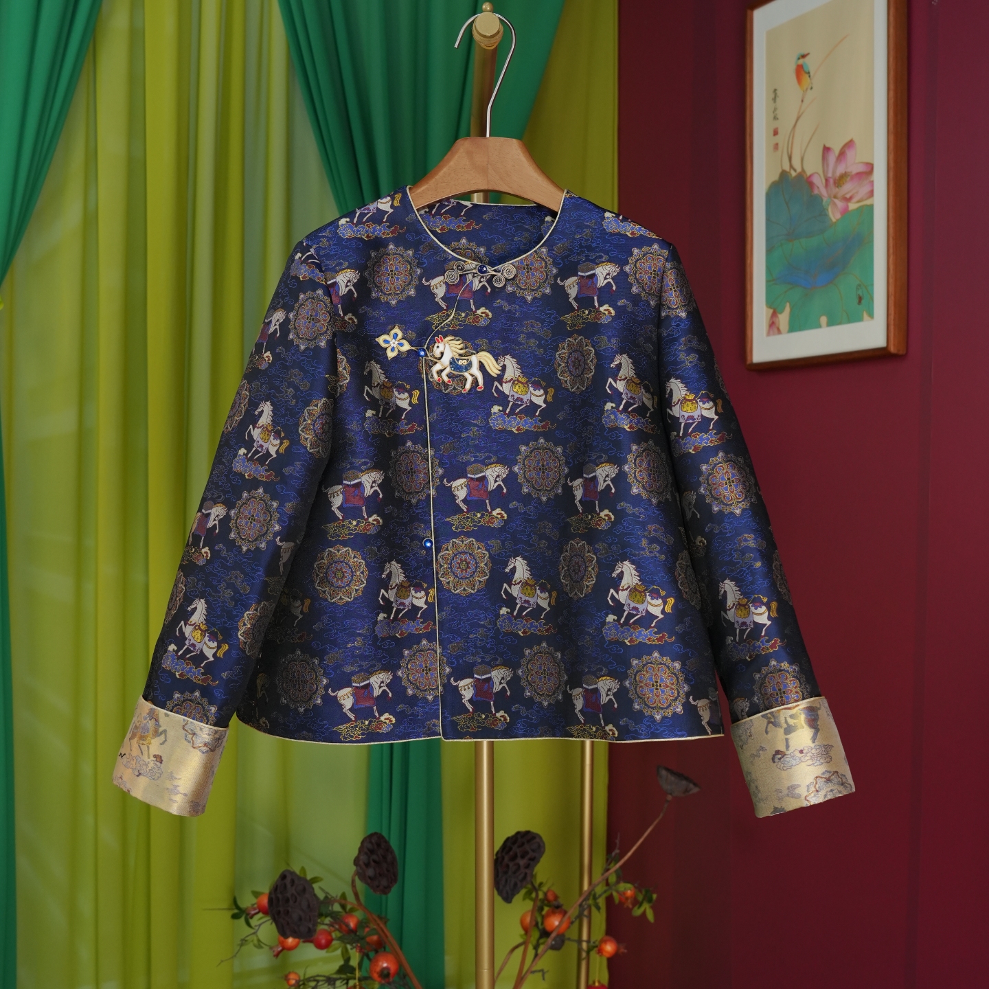 【闲庭序】钱小平·'马上有福'名家宋锦外套非遗花扣祥云盘扣