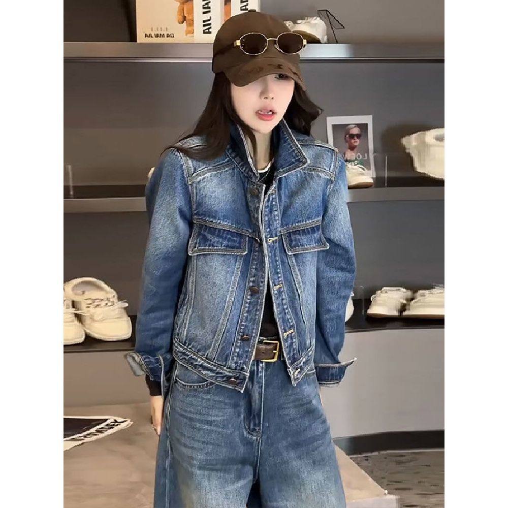 欧洲站牛仔套装女春秋款2026新款polo领短款夹克外套阔腿裤两件套,女装/女士精品,时尚套装,淘宝优惠券,粉丝福利购,淘宝优惠卷