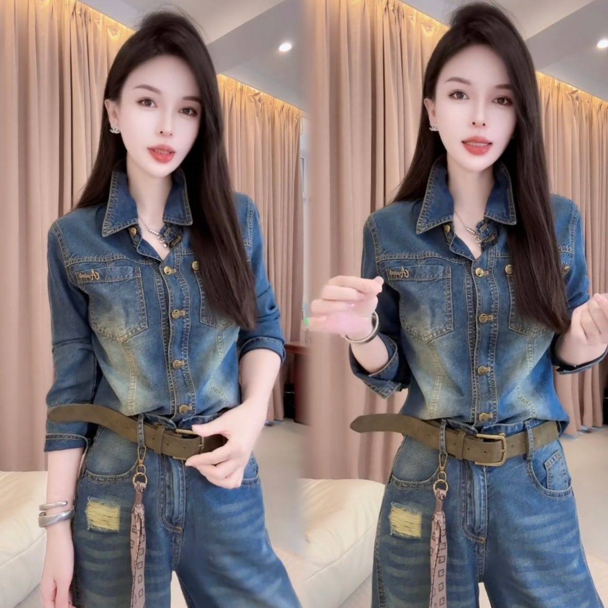 2025早秋网红新款时尚显气质瘦高端洋气港风牛仔破洞女上衣+裤子,女装/女士精品,时尚套装,淘宝优惠券,粉丝福利购,淘宝优惠卷