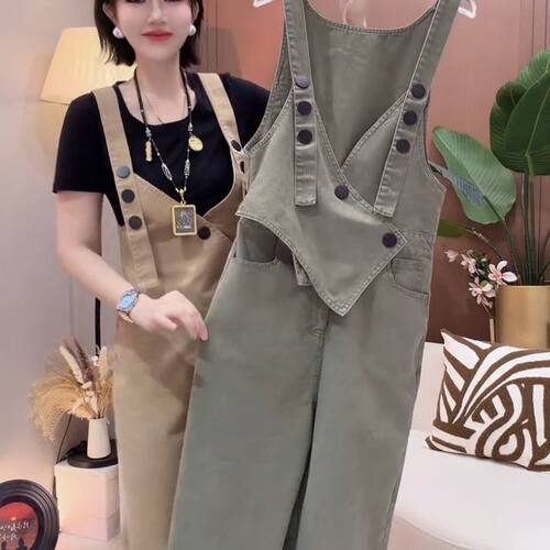 不规则斜扣牛仔背带裤女秋季新款宽松束脚连体长裤复古显瘦遮肉百