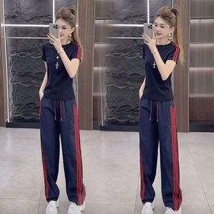 运动套装女2026新款今年流行爆款短袖T恤直筒长裤休闲运动两件套