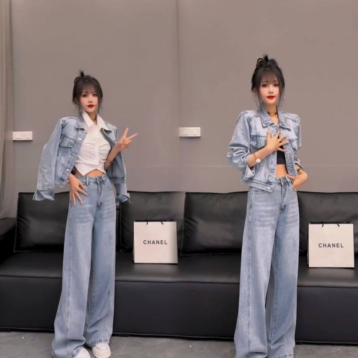 2026春季新款复古水洗牛仔短款夹克外套显腿长阔腿直简裤套装女,女装/女士精品,时尚套装,淘宝优惠券,粉丝福利购,淘宝优惠卷
