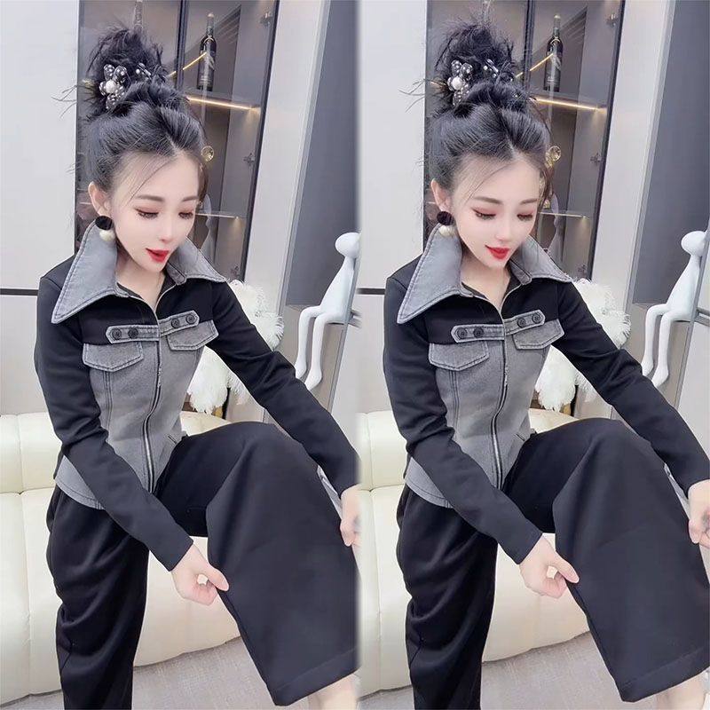 欧货牛仔拼接休闲2026早春新款帅气翻领拉链外套显瘦阔腿裤两件套,女装/女士精品,时尚套装,淘宝优惠券,粉丝福利购,淘宝优惠卷