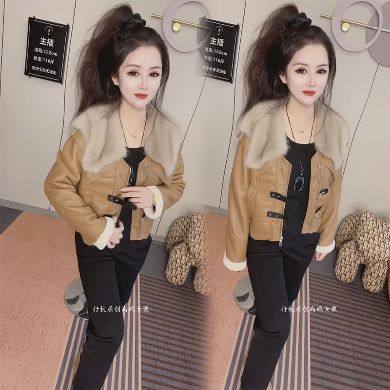 2025冬季新款欧货大毛领短外套女加绒加厚保暖时尚皮毛一体夹克潮