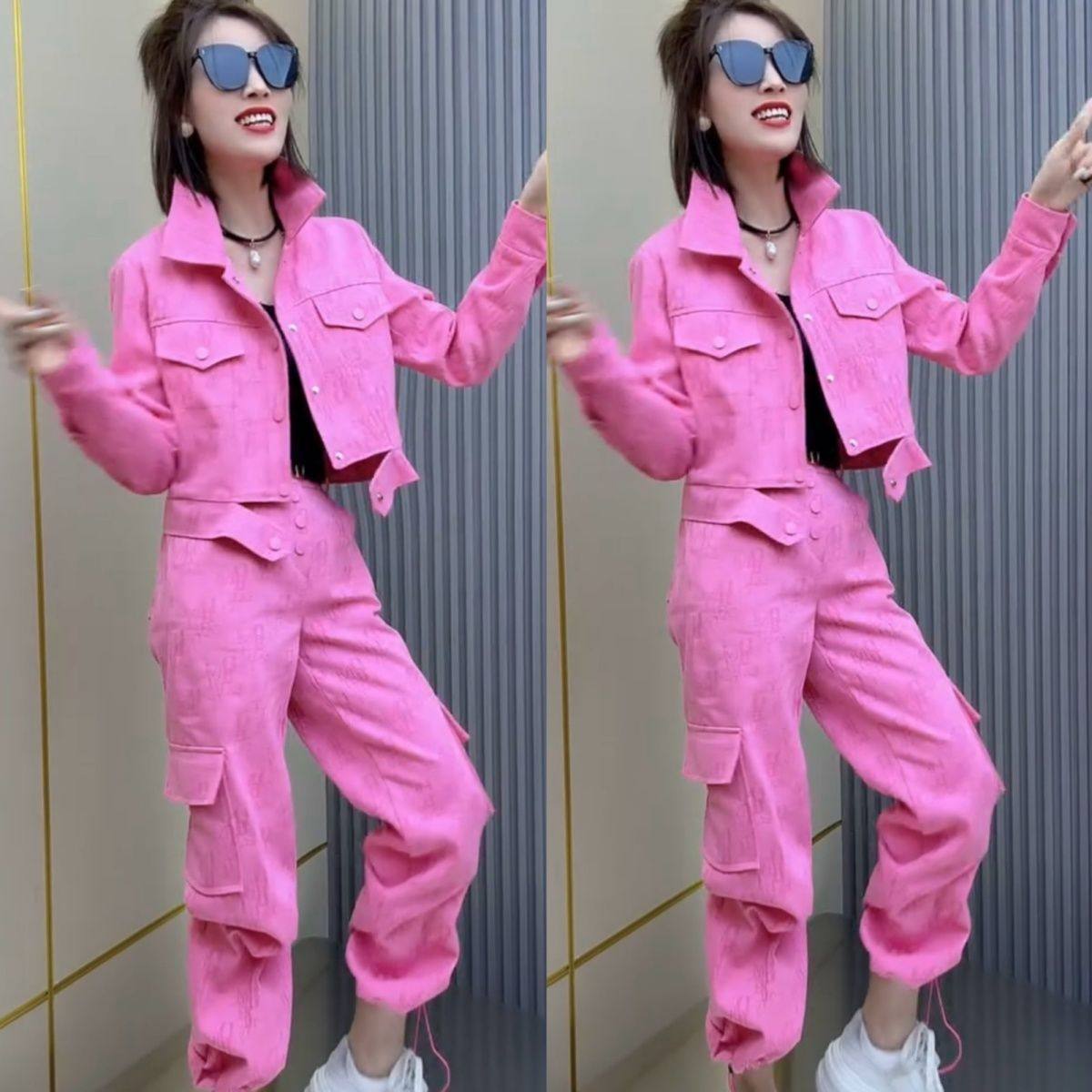 2026潮牌爆款粉色年轻牛仔工装两件套时尚洋气短外套散腿裤可抽绳,女装/女士精品,时尚套装,淘宝优惠券,粉丝福利购,淘宝优惠卷