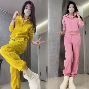 秋冬季加绒加厚套头卫衣套装女宽松气质显瘦时尚外穿两件套韩版潮