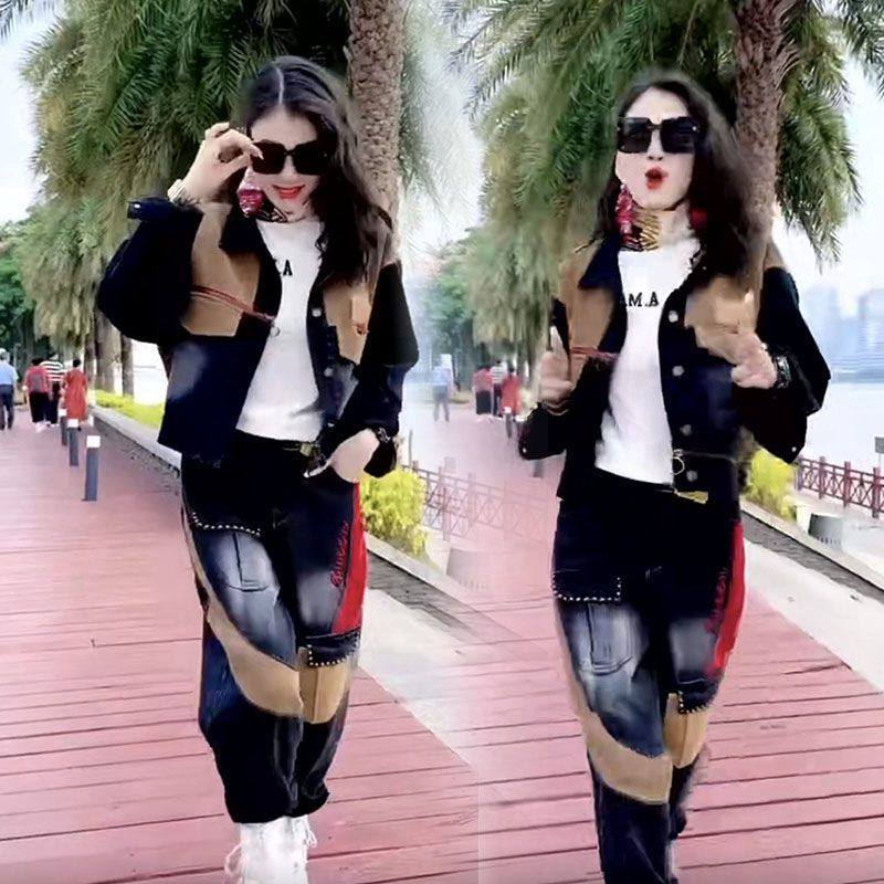 高档牛仔套装女刺绣洋气拼接牛仔女外套宽松牛仔哈伦裤两件套,女装/女士精品,时尚套装,淘宝优惠券,粉丝福利购,淘宝优惠卷