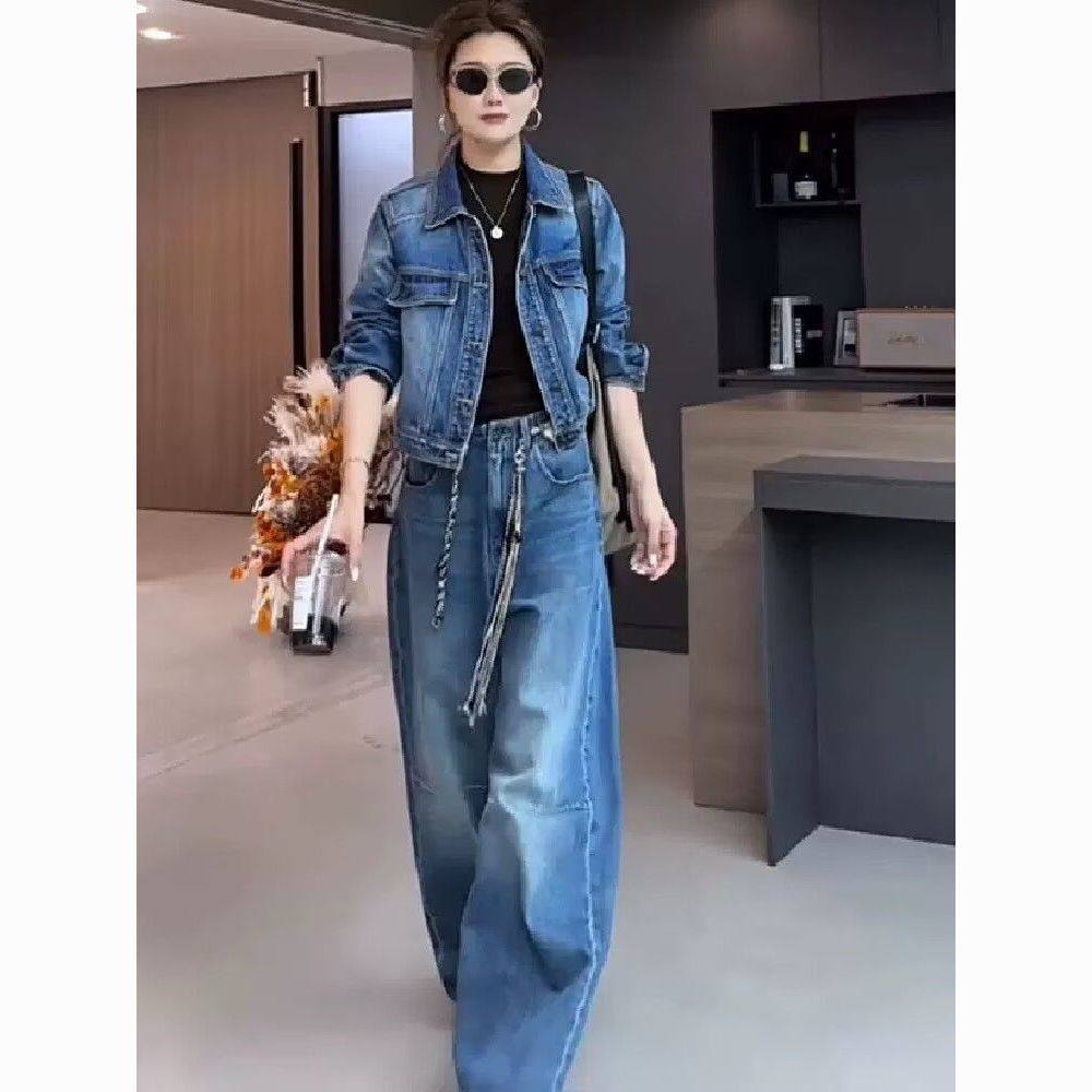 复古大码休闲牛仔套装女秋季水洗短款外套宽松减龄阔腿裤两件套,女装/女士精品,时尚套装,淘宝优惠券,粉丝福利购,淘宝优惠卷