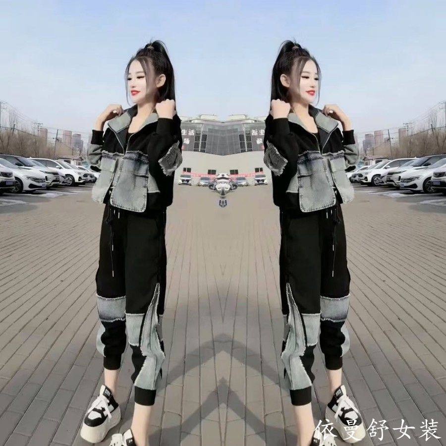 欧货潮牌春装女2026年新款套装设计感连帽拼接牛仔卫衣裤子两件套,女装/女士精品,时尚套装,淘宝优惠券,粉丝福利购,淘宝优惠卷