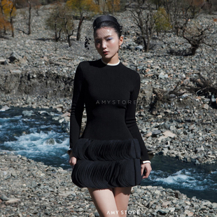 高雅极简黑半圆设计感连衣裙 新款 越南小众品牌AMY 2026年春季