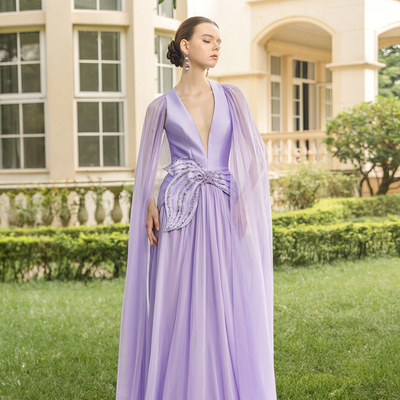 越南小众品牌21SIX 2024秋季新款幽香浓郁紫色缎面礼服裙