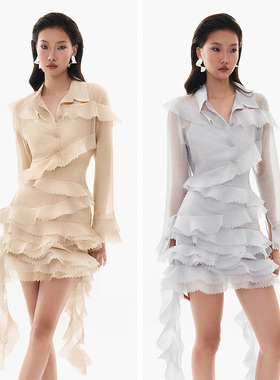 越南小众MUSTHAVE 2024夏季新款轻盈柔美荷叶边层次感长袖连衣裙