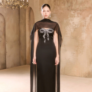 黑色水钻蝴蝶结高收腰长裙 新款 越南小众品牌ARTI 2026年春季