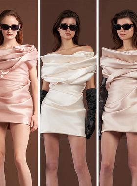 越南小众品牌DATT 2024秋季新款簇拥高质感缎面花朵抹胸裙