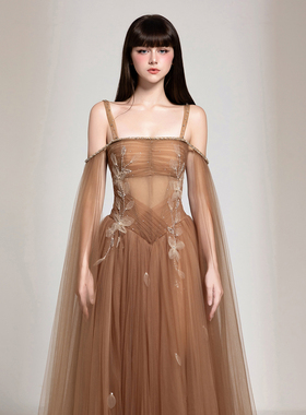 越南小众品牌CHOU PHAN 2025年秋季新款秋日焦糖色水钻纹网纱裙