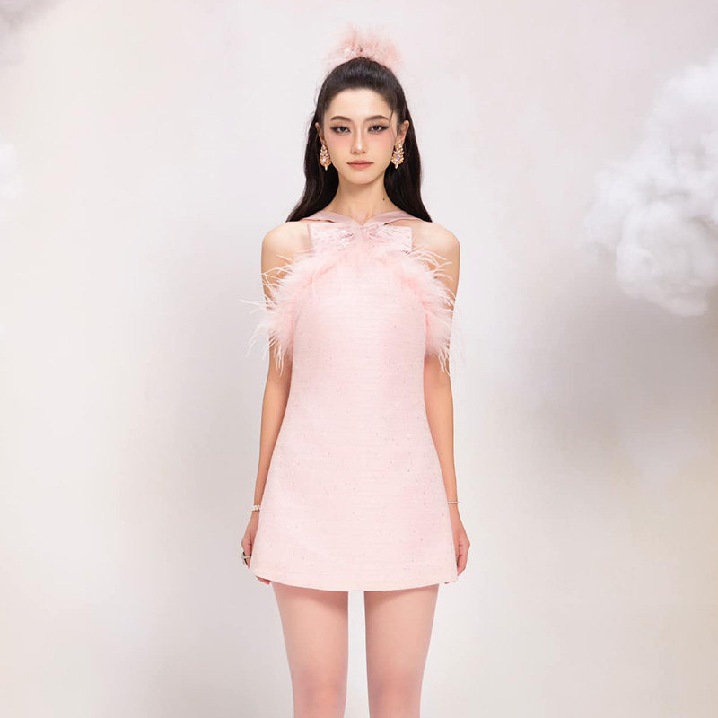 越南小众品牌KAMOSET 2025年春季新款甜妹少女粉羽毛连衣裙