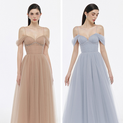 越南JOSEPHINE 2025年春季新款水钻点缀收腰薄纱卡其色吊带裙