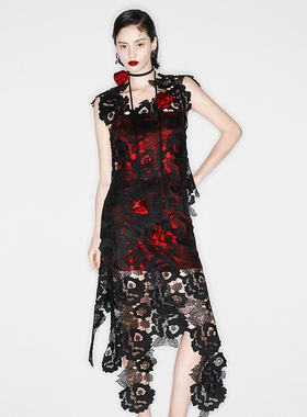 越南小众MUSTHAVE 2026年春季新款性感红玫瑰不规则蕾丝连衣裙
