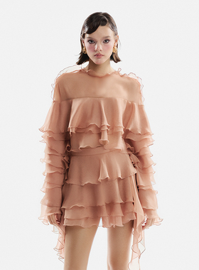 越南小众MUSTHAVE 2024秋季新款温柔杏色多层次荷叶边抹胸裙