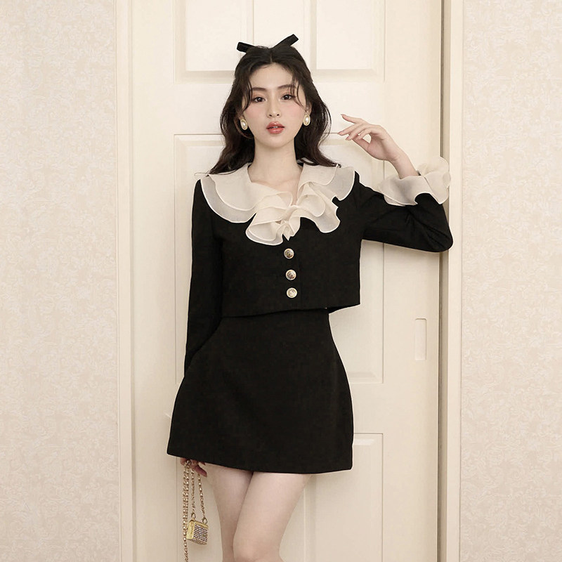 小香风荷叶边短上衣套装裙