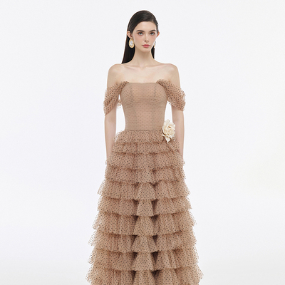 越南JOSEPHINE 2025年春季新款高雅复古卡其色薄纱薄点高腰长裙