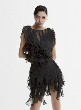 越南小众MUSTHAVE 2024秋季新款黑色清透荷叶边连衣裙