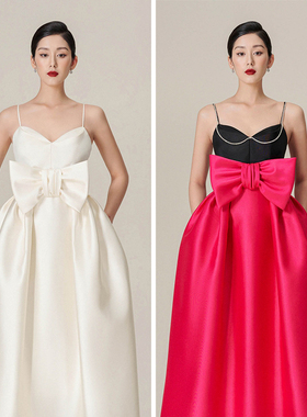 越南小众品牌DEJA VU 2026冬季新款法式缎面大蝴蝶结收腰吊带裙