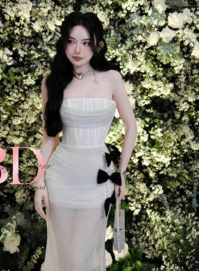 越南小众品牌BANDAGE 2024冬季新款白色薄纱修身包臀抹胸裙