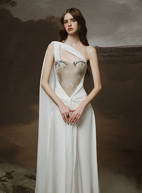 越南小众LINH PHUNG 2025年夏季新款拼接设计感花纹卡其连衣裙