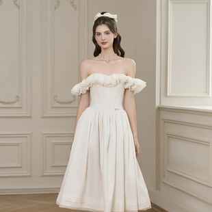 新款 2025年夏季 荷叶边一字肩微伞摆长裙 ANGE 越南小众品牌BEL