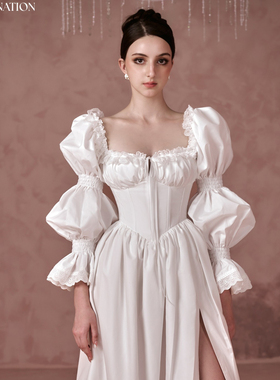 越南小众品牌SISSY 2025年夏季新款舒适透气白色方领法式连衣裙