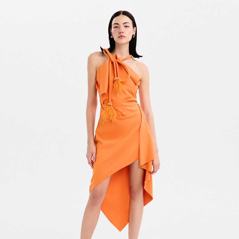 越南小众MUSTHAVE 2024年夏季新款夏日辣妹亮眼橘色不规则连衣裙
