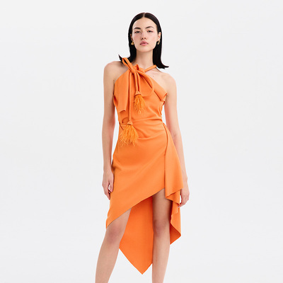 越南小众MUSTHAVE 2026年夏季新款夏日辣妹亮眼橘色不规则连衣裙