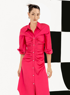 越南小众MUSTHAVE 2022夏季新款五分袖衬衣褶皱不规则门襟连衣裙