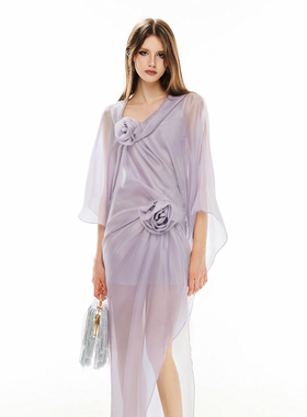 越南小众MUSTHAVE 2025年秋季新款柔美紫色朦胧花朵长裙