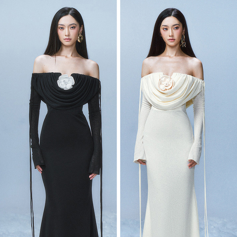 越南小众品牌OIA 2024秋季新款纯欲一字肩垂感花朵高收腰长裙