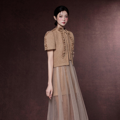 越南小众RAFFINE 2025年秋季新款法式宫廷风甜美棕色套装裙