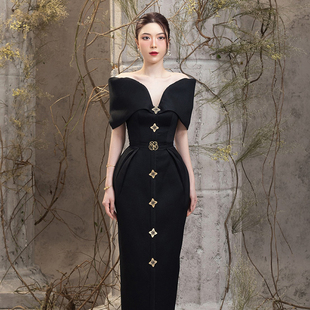 高级包袖 新款 深v收腰菱形扣长裙 2023年夏季 越南小众品牌ELENII