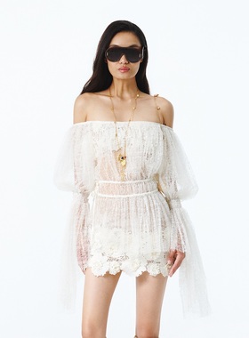 越南小众品牌ONONMM 2025年秋季新款时尚白色薄纱蕾丝露肩度假裙