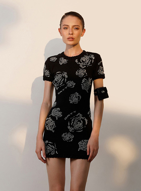 越南小众品牌DATT 2024年春夏新款水钻修身显瘦玫瑰印花连衣裙