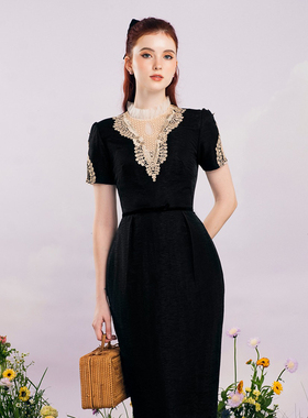 越南LES PETITES MAINS品牌 2026夏季立领短袖复古名媛连衣长裙