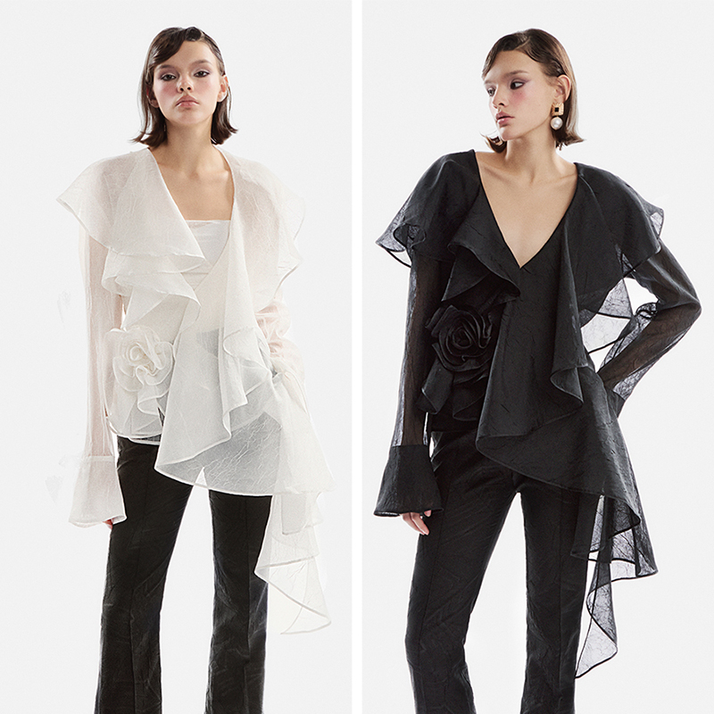 越南小众MUSTHAVE 2024秋季新款黑色不规则荷叶边花朵套装裤