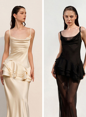 越南小众品牌DATT 2024年春夏新款优雅缎面薄纱拼接鱼尾吊带裙