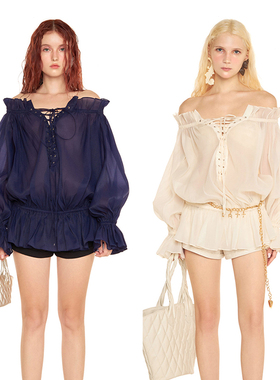 越南小众品牌DATT2025夏装搭配一整套法式优雅绑带一字肩长袖套装