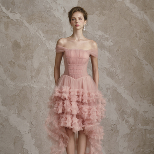 越南小众品牌ROSIE 2025年秋季新款复古烟粉色前短后长礼服裙