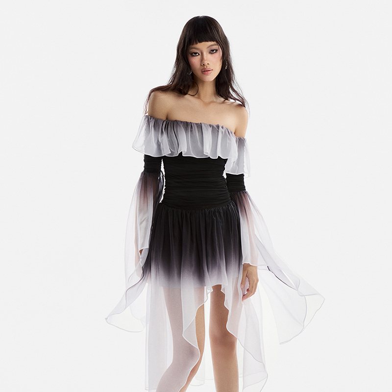 越南小众MUSTHAVE 2024秋季新款艺术晕染黑白一字肩垂感连衣裙