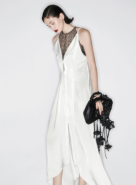 越南小众MUSTHAVE 2024年春季新款黑色镂空蕾丝拼接白色吊带长裙