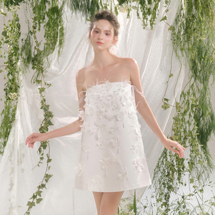 露锁骨一字肩立体花朵抹胸裙 新款 越南小众品牌ARTI 2025年夏季