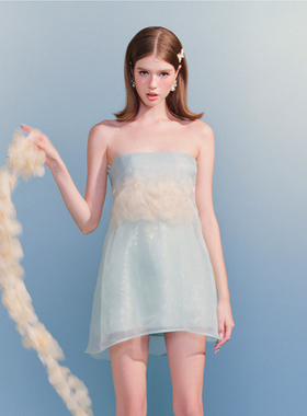 越南小众品牌LEGER 2024年夏季新款轻盈朦胧蓝色花朵抹胸裙