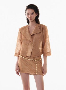 越南小众MUSTHAVE 2024夏季新款气质橘色短款蕾丝复古套装裙